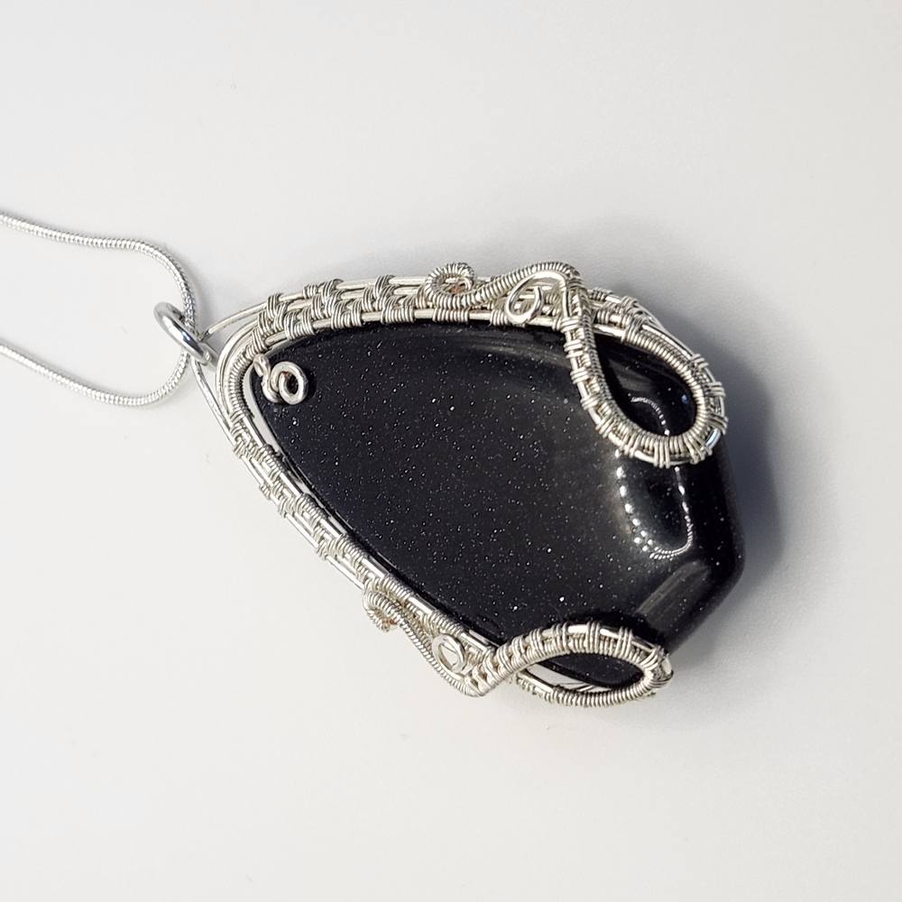 Elegant Blue Goldstone Wire Wrapped Pendant Necklace
